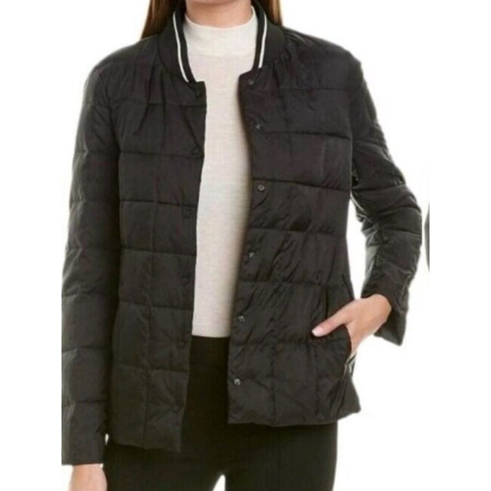 Trina Turk Lightweight Quilted Down Jacket Black Snap Front Minimalist Coat L